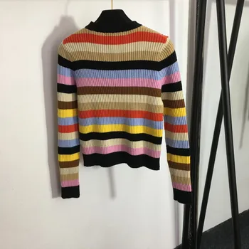 2023 jaunu modes labas kvalitātes vēstuli iespiesti Britu stila varavīksnes svītrainām apaļu apkakli, garām piedurknēm, vilnas džemperis džemperis