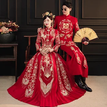 2023 Jaunu Xiuhe Ķīniešu Kāzu Cheongsams Komplekti Pūķis un Phoenix Grauzdiņš Līgava Kleita Tang Uzvalks Hanfu Oficiālu Tradicionālo Qipao
