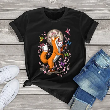 100% Kokvilnas Japāņu Fox Kitsune Cherry Blossom Meža Folkloras Dzīvnieku Apģērbu Dāvanu Sieviešu T-Krekls Uzdrukāts Top Unisex T-Veida