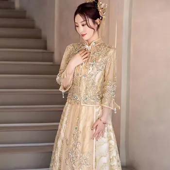Ķīniešu Stila Kāzu Grauzdiņš Apģērbu Jaunas 2023 Izšuvumi Cheongsam Frēzēšana Qipao Tradicionālo Vizuļi Pušķi, Kāzu Kleitu
