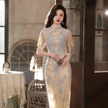 2023 Retro Cheongsam Ķīnas Klasiskā Sieviešu Qipao Elegants Īsām Piedurknēm Vintage Kleita Salaist Mežģīnes Ikdienas Izšūšanas Kleita