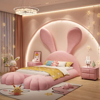 Bērnu mēbeles rozā meitene gulta auss trušu princese gaismas ekstravagants karikatūra multi-funkcionālo masīvkoka zēns, ādas gultas