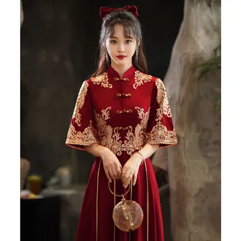 Elegants Tradicionālo Sarkana Kāzu Kleita Ķīniešu Kāzu Cheongsam Vintage Elegants Grauzdiņš Apģērbu Mūsdienu Vakara Puse Kleita Qipao