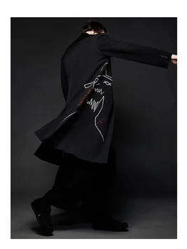 Izšuvumi Uzrakt mētelis Yohji Yamamoto vīriešu Jakas vīrietis, garš mētelis, Vīriešu mētelis, vīriešu apģērbs Unisex mētelis ilgi uzvalks jaka trenchcoat