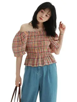 Korejiešu Kultūru Blūze Sievietēm 2023 Jauno Vasaras Puff Piedurknēm Slash Kakla Pie Pleca kokvilnas Krekls Dāmas Varavīksnes pleds topi