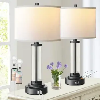 Kontroles Galda Lampas Komplekts ar 2 USB Portiem, 3-Way Regulējamas Gultas Lampas Dzīvojamā Istabā, Guļamistabā, Mājas, Mūsdienu Naktsskapītis Lampas w