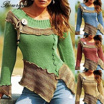 Rudens un Ziemas Jauno Modes Sieviešu Džemperis Retro Izšūšanas Apaļu Kakla garām piedurknēm Pogas Sieviešu Trikotāžas Džemperis Plus Lieluma