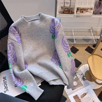 Korejas purpura ziedu žakarda apaļu kakla džemperis zaudēt modes augstas kvalitātes adīt džemperis 2023 jauna rudens ziemas