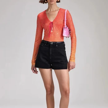 Sieviešu Blūze Smago Rhinestones V-veida Kakla Mežģīnes-up garām Piedurknēm Modes Krekls