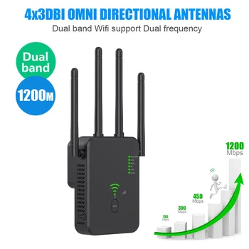 WiFi Repeater Dual Band 5GHz/2.4 GHz Interneta Signālu Pastiprinātājs ar 4 Antenas 3 Režīmi UK/US/EU Aptvērumu Mājas Viesnīca