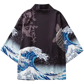 2023 Harajuku Kimono Jaka Japāņu Kanaga Vas Liels Vilnis Hip Hop Mens Streetwear Jaka Pūķis Koi Zivju Plānas Kleita Japāna Stils