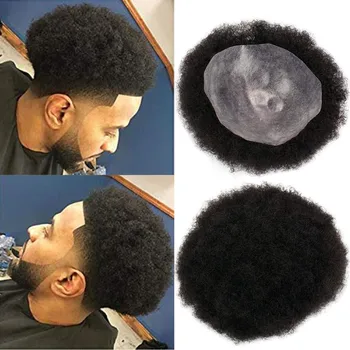 Eseewigs Mens Toupee 10x8 Collu Nomaiņa Afro Curl Vīriešu Parūka Pilna PU Bāzes Hairpiece Vīriešiem 100% Brazīlijas Remy Human Hair 1B#