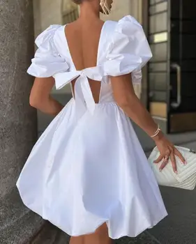 Puff Piedurknēm Backless Saistīts Sīki Ikdienas Kleita 2023 Vasarā Jaunu Sieviešu Balta Kleita Salds Sexy Backless Mini Puse Kleita Vestidos