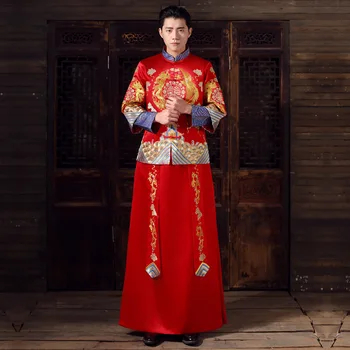 Vīriešu ķīniešu stila kāzu Kleita sarkanā izšuvumi līgavainis vakarkleita kimono jaka tang uzvalks tradicionālo maizīti kostīmi apģērbi