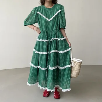 Korejas Dizaineris Skrejceļa Modes Elegants Sieviešu Vasaras Zaudēt Gadījuma Dot Šifona Ruffles Brīvdienu O Kakla Puff Piedurknēm Pludmales Kleita