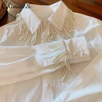 Modē Jaunais Stils Smago Pērle Pušķis Dekoratīvās Krekls, Kleita Līdz 2023. Gada Pavasarī Jauno Slavenība Tiesa Slim Fit Eleganta Balta Blūze